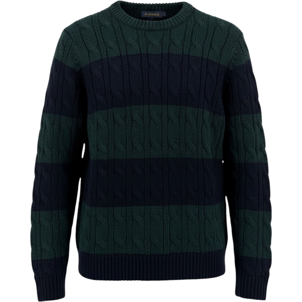 Piombo Wool Blend Striped Cable Knit Sweater Mens Small Green Navy Blue NWT
